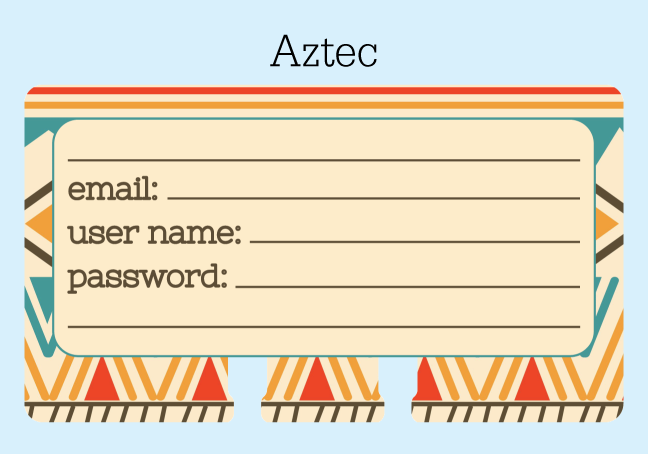 Rotary Refill Password Card in Aztec Print: The Rolodex card has a tan center with the words "email," "user name," and "password" followed by lines. There are also lines on the top and bottom to write the website, software, etc. and any additional information. The border is a colorful tribal print in red, orange, teal, tan and brown. The card is shown on a blue background with the word "Aztec" above it.