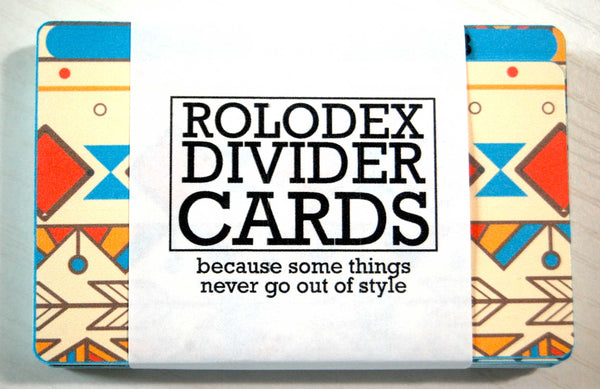 A pack of 27 Aztec Rolodex Divider cards in a wrapper that says' " Rolodex Divider Cards - Because some things never go out of style"