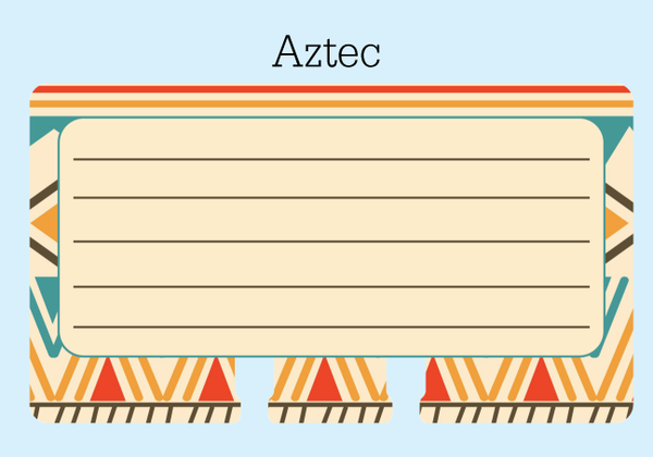 A lined Rolodex refill card on a blue background with the word "Aztec" on top. The card is tan in the center with 5 brown lines for writing. The outer edge of the card is a colorful pattern of stripes and triangles in orange, red, teal, brown and tan.