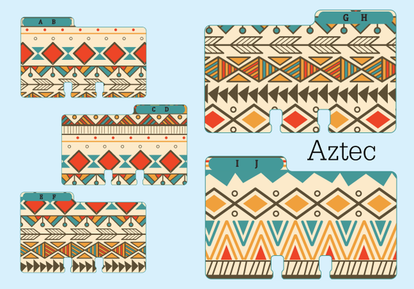 Five colorful Rolodex dividers in coordinating, yet different, tribal prints.  The cards are AB, CD, EF, GH, and IJ. They are teal. tan, red, orange and brown. They are on a pale blue background with the word "Aztec."