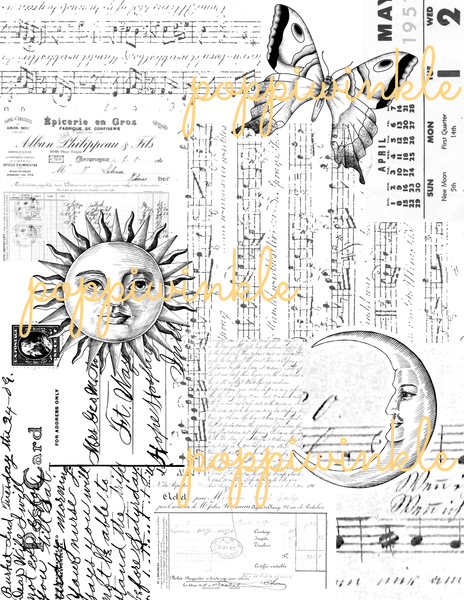 An 8.5" x 11" digital paper in black and white. Musical notes, ephemera , sun, moon butterfly collage.