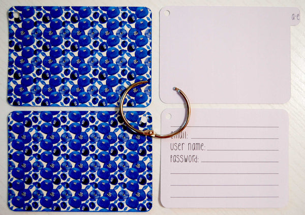Flat lay display of all of the elements of the blueberry password keeper: Front and back cover, silver ring, 5 purple dividers, and 40 purple password cards