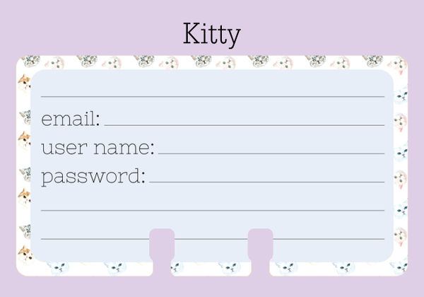 Password log Rolodex cards in a kitty pattern with a pale blue center