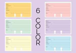 Rolodex Contact Cards in pastel orange, green, yellow, pink, purple and blue. They are shown on a purple background with the words "6 Color."