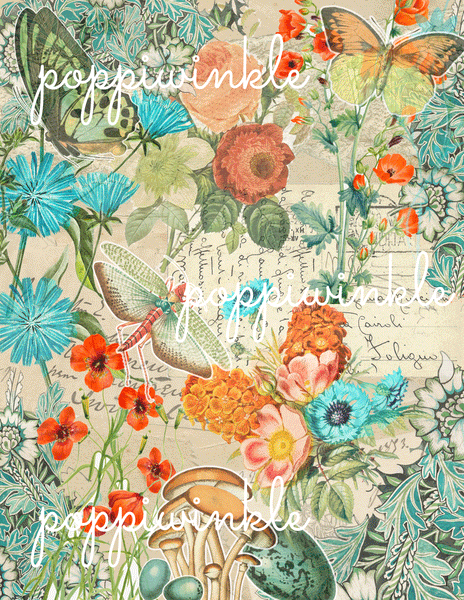 A nature inspired digital paper in tan, blue, teal, coral, green, and black. There are images of butterflies, flowers, mushrooms, and ephemera in a collage. There are watermarks over it.