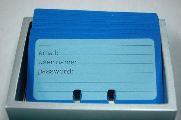 Two toned blue password Rolodex cards in a holder