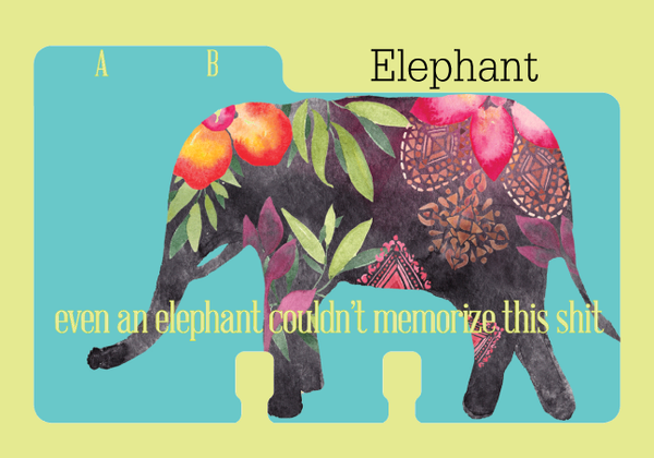 Pretty teal Rolodex divider with a colorful elephant and the letters A, B. It has the words "even an elephant couldn't memorize this shit" in lime green. It is on a lime green background with the word "Elephant" on it.