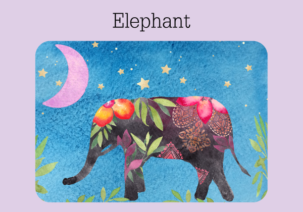 The cover of a password keeper with a blue watercolor background, a colorful elephant, greenery, stars and a purple moon