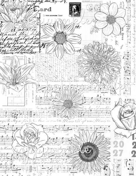 A digital paper in black and white. A background of ephemera and musical notes is overlaid with black and white drawings of flowers.