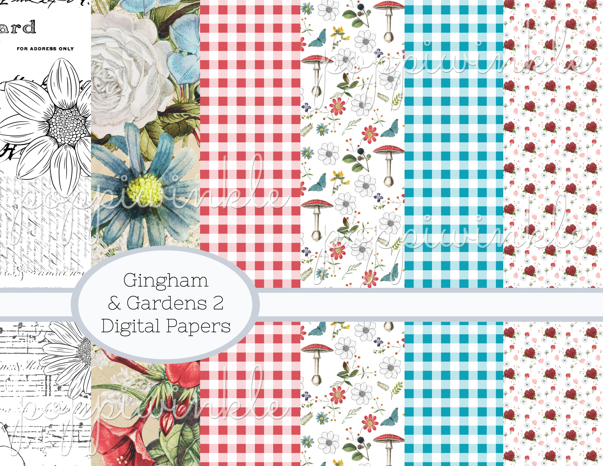 6 digital papers: Black and white, Large scale floral collage in red, white and blue, red & white gingham, medium scale floral in red, white and blue, blue and white gingham, small scale floral in red and white.