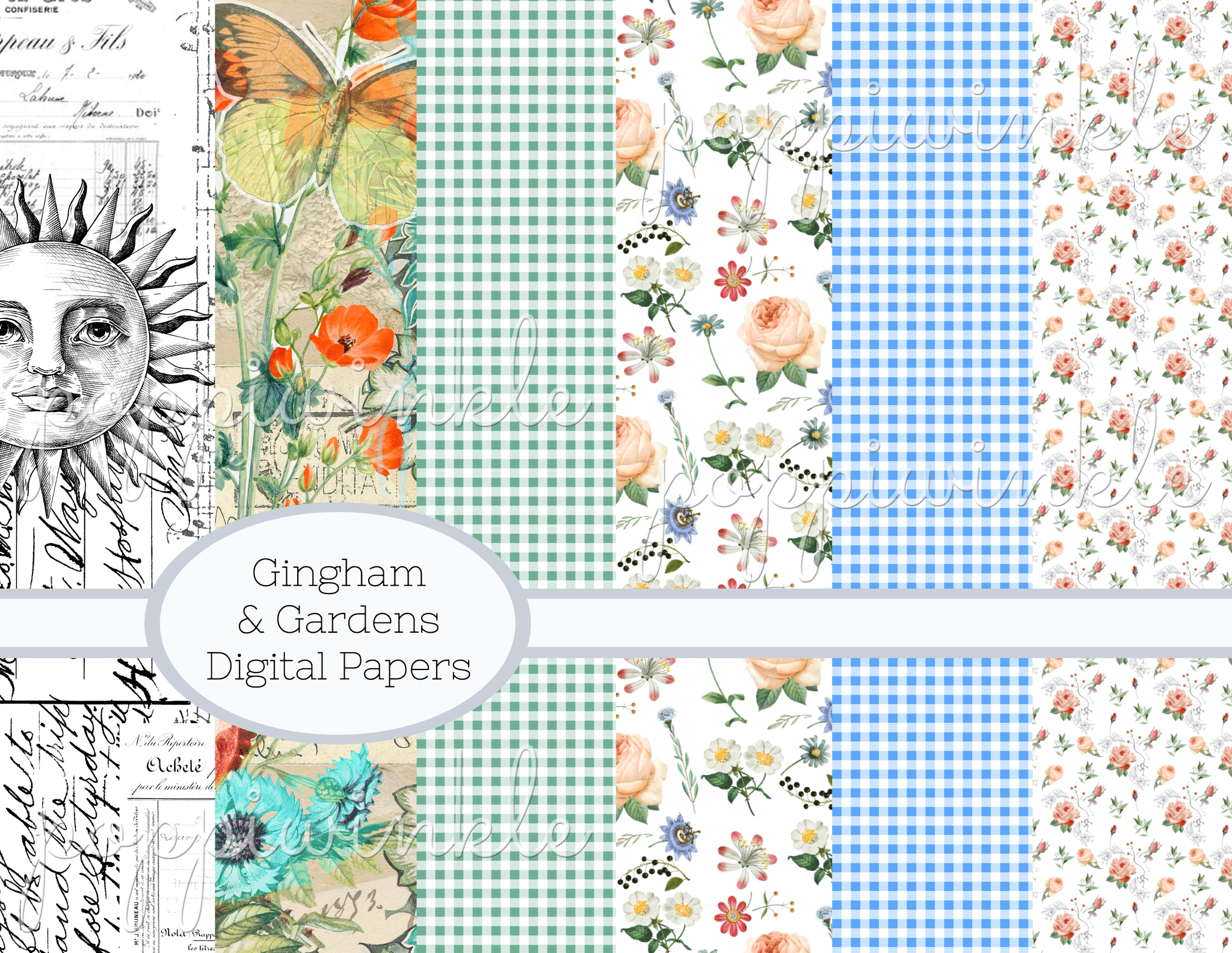 6 digital papers: black and white elements, colorful floral, green and white gingham, medium floral, blue and white gingham, pink and white calico print.