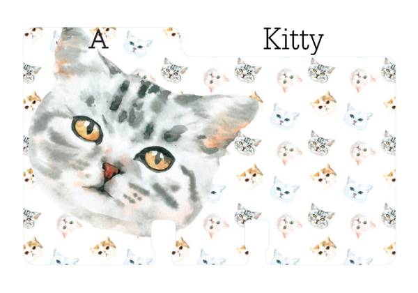 A sturdy Rolodex Divider with a cat face and a cat print behind it. It is on a white background with the word "Kitty."