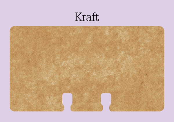 A mini Rolodex refill card made of brown kraft cardstock. It is on a purple background with the word "Kraft."