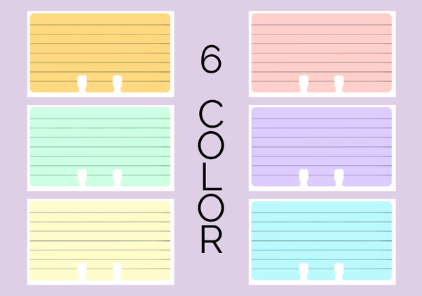 6 ruled Rolodex refill cards on a purple background with "6 Color" written in the center of it. The Rolodex cards are in pastel colors of orange, pink, green, purple, yellow, and blue. They each have 7 gray lines for writing.