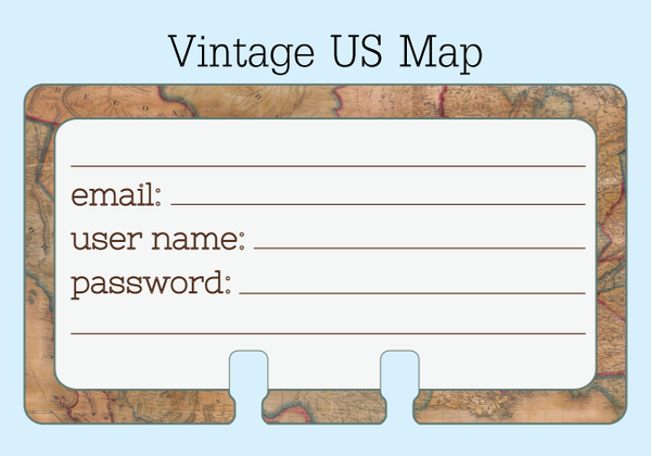 Password Rolodex cards in a vintage US map print