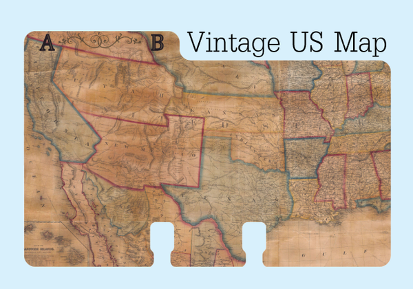 A sturdy Rolodex divider in a tan, red, blue and yellow print of a vintage USA map. The Rolodex divider has the letters "A,B" on the tab. It is shown on a pale blue background with the words "Vintage US Map.' on it.
