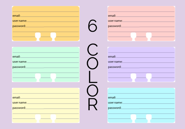 Password Organizer Rolodex Cards in 6 pretty pastel colors ; orange, pink, green, purple, yellow, blue