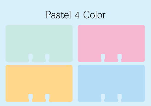 Mini Rolodex Cards - Pastel 4 Color: This picture shows four tiny Rolodex refill cards in green, pink, orange, and blue. The cards are plain - no lines or decorations. They are the same color on the back. They are shown on a pale blue background with the words "Pastel 4 Color."
