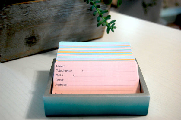 Pretty Pastel Rolodex Refill Cards in six colors in a Rolodex Holder on a desk. There is a succulent plant in the background.