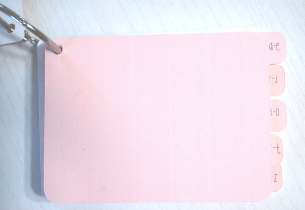 Pretty pink password keeper on a ring. The cover is opened and the tabbed pink alphabetized dividers are showing.