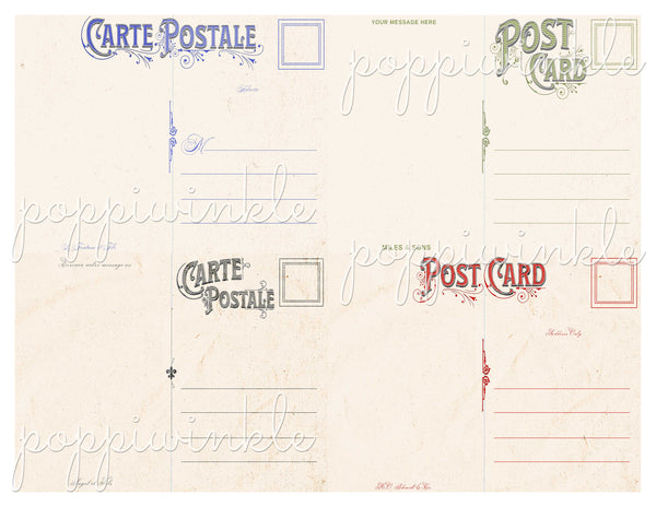 The back view of 4 handmade "vintage" postcards. One each in blue, green, black and red.
