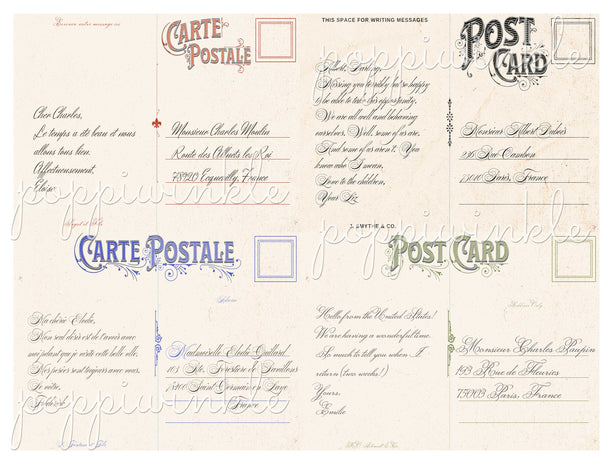 The backs of 4 vintage style postcards in red, black, blue and green. They are written on and addressed.