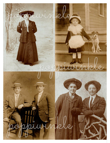 4 vintage portraits suitable for use as post card fronts. They are of a woman, a girl and a dog, two men, and two women.