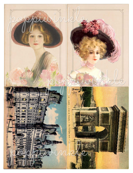 4 vintage prints suitable for use as post card fronts. They are a woman, another woman, The Arc de Triomphe,  and a building in Paris.