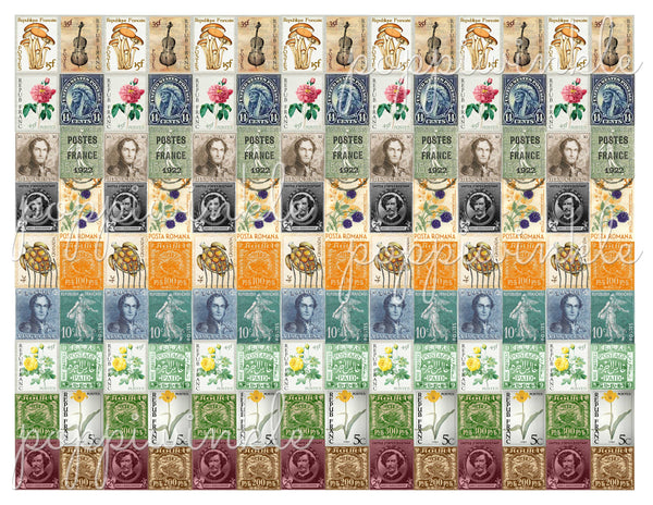 A printable page of assorted postage stamps in many colors
