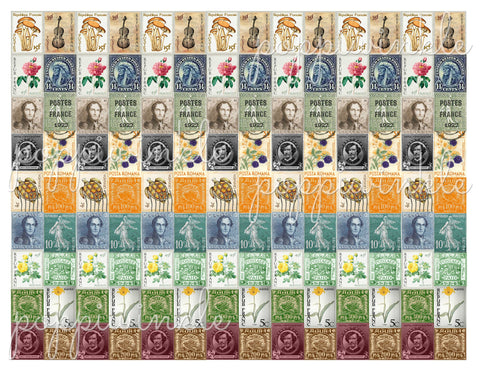 A printable page of assorted postage stamps in many colors