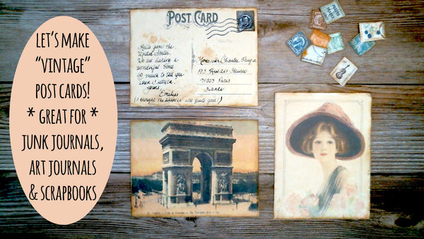 A thumbnail featuring the words "Let's make vintage post cards" alongside fronts and backs of vintage post cards and stamps.