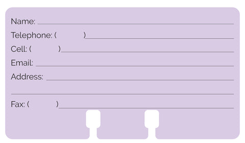 A Pastel Purple Rolodex Contact Card. There are 7 lines for Name, Telephone, Cell, Email, Address, and Fax