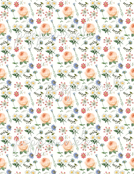 A medium sized floral digital 8.5" x 11" print in a repeating pattern. A peach rose, red lilies and daisies, white daisies and blue love-in-a-mist.