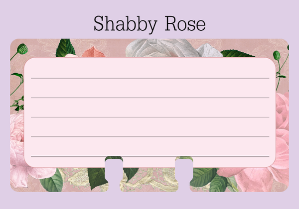Lined Rolodex refill card on a purple background with the word "Shabby Rose" above it. The card is pale pink in the center with 5 gray lines for writing. The border is a vintage looking print with pink and white roses, greenery and lace.