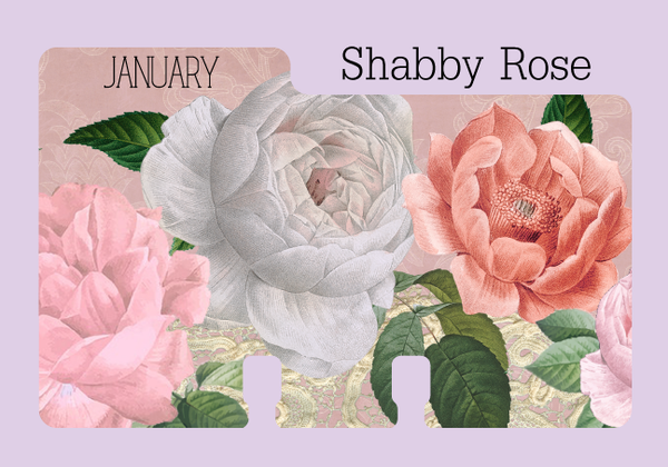 Monthly Rolodex Divider Refill - January - in a pink, white and green floral shabby chic rose print. The pretty Rolodex divider is shown on a pale purple background with "Shabby Rose" printed in black.