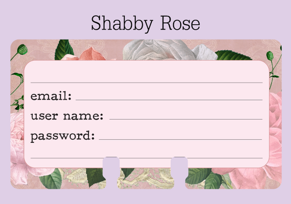 Rolodex card in a pretty vintage rose print in pink, beige, and green. There are places to write your email, user name, and password.
