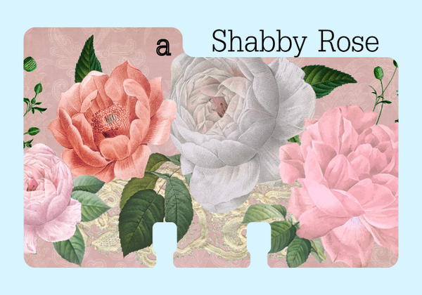 A Rolodex Divider in a vintage cabbage rose print in pink and cream and green. It is on a pale blue background with the word "Shabby Rose."