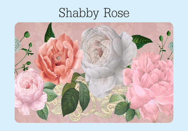 The front cover of the Shabby Rose password keeper. There are four vintage cabbage roses with leaves and lace and a paisley pink background.
