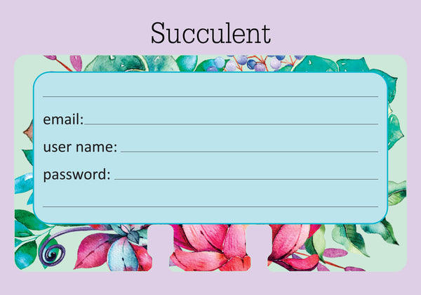 Rolodex Password card in a pretty floral succulent print in blue, green and pink. There are spaces to write email, user name, and password.