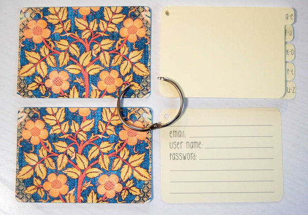 Flat lay display of all of the elements of the tapestry password keeper: Front and back cover, silver ring, 5 yellow dividers, and 40 yellow password cards