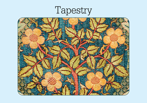 The front of a William Morris tapestry print password keeper. The threads of the fabric are visible in a blue background with orange and yellow flowers, stems and green leaves.
