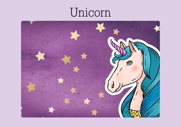 The cover of a password keeper set. The purple background has sparkly stars and a bust of a unicorn with blue hair. It is displayed on a pale purple card with the word "Unicorn."