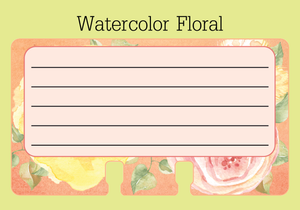 A single lined Rolodex refill card on a green background with the words "Watercolor Floral." The card is pale pink in the center with 5 black lines for writing. The outer edge is a flora print in coral, yellow, pink, white and green.