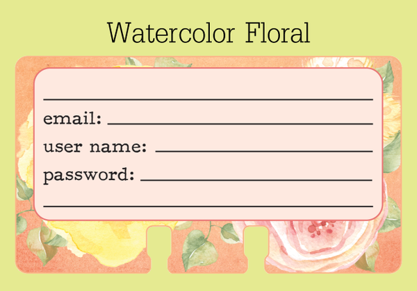 Rolodex cards with lines for the site/software, email address, user name, password, and other lines- in a pretty floral watercolor print