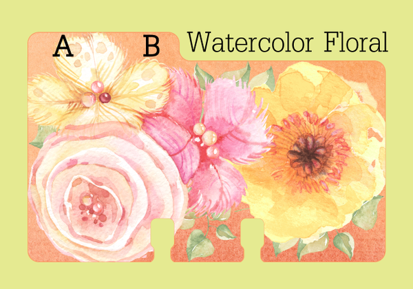 A colorful Rolodex Divider (A,B) in a pretty pink and coral and yellow watercolor floral print. It is on a pale green background with the words "Watercolor Floral."