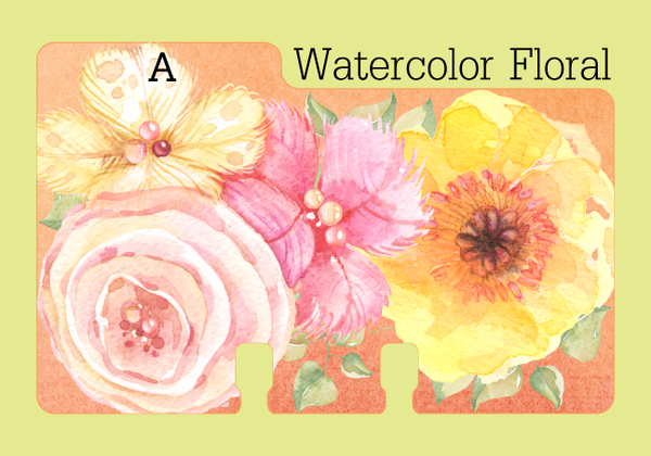 A Rolodex Divider in a floral  watercolor print in pink and yellow with touches of white and green leaves on a coral background. The divider is on a pale green background with the word "Watercolor Floral."