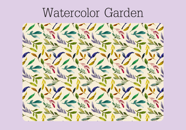 The cover of a colorful watercolor garden password keeper on a ring. The ecru background has a a colorful pattern of orange, yellow, pink, green and purple leaves.