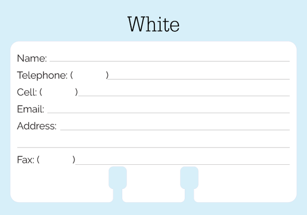 A White Rolodex Refill Contact Card on a pale blue background. The word "white" is on top.