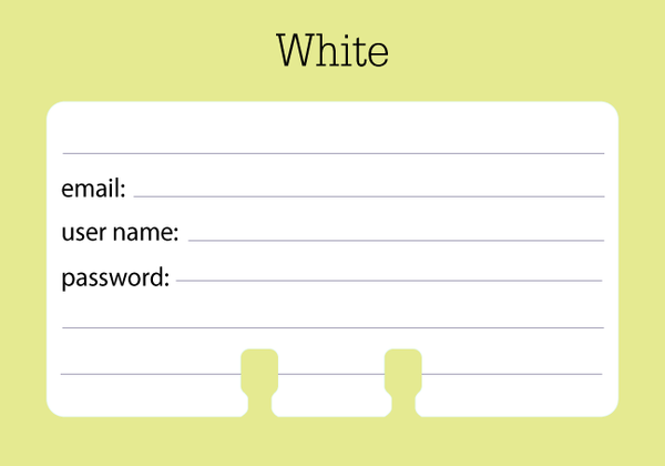 A white password Rolodex card with black writing. There are lines and places to write email, user name, and password