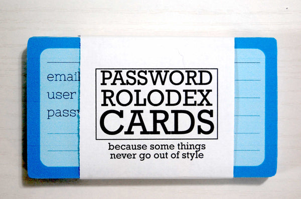 Two toned blue password Rolodex Cards in a cute white wrapper with black letters
